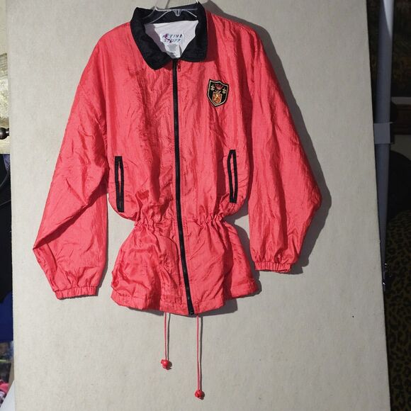 Active Stuff Vintage 80s Red Windbreaker Jacket Lrg Cinched Waist Coat of Arms - Picture 9 of 11
